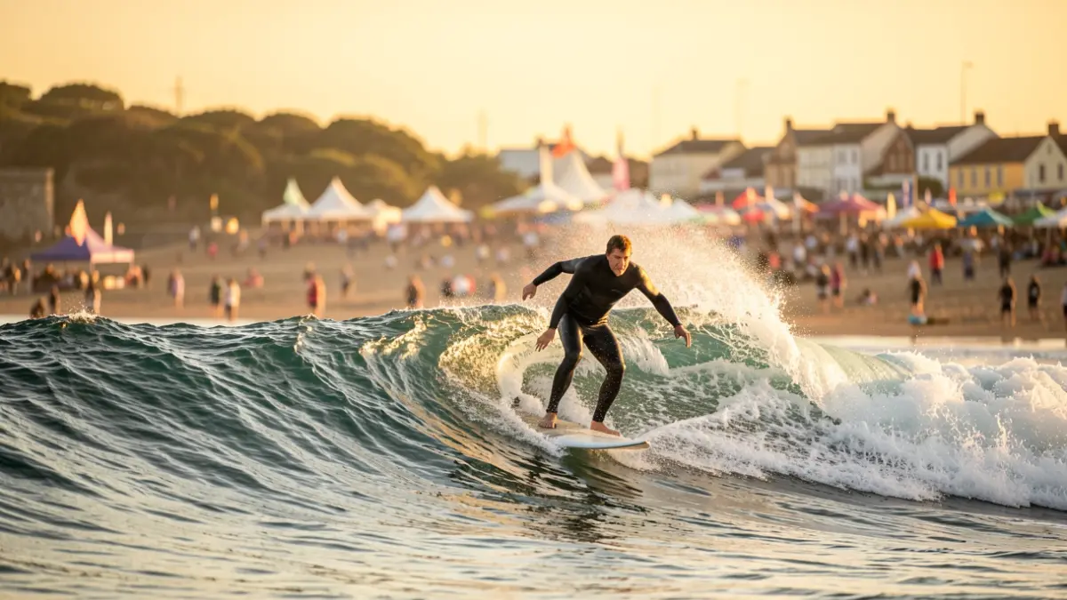 Imaxe xenérica de surfista nunha onda durante un festival.