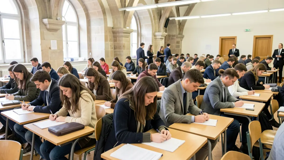 Imaxe xenérica de estudantes realizando un exame nunha sala de probas con vixilancia.