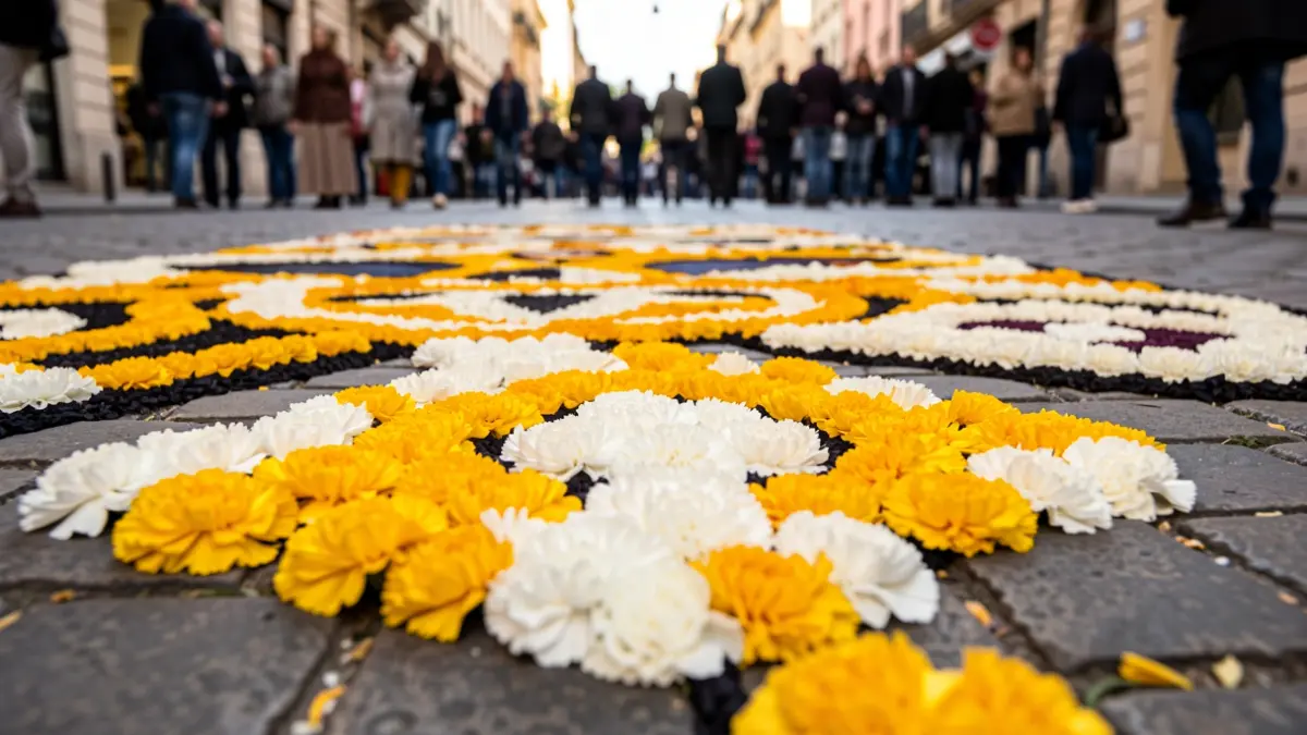 Detalle dunha alfombra floral elaborada con caraveis brancos e amarelos nunha rúa.