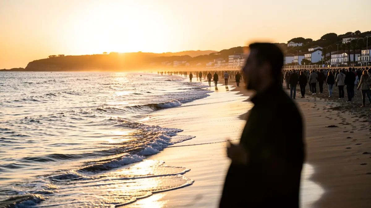 Imagen genérica de una playa gallega al atardecer con siluetas.