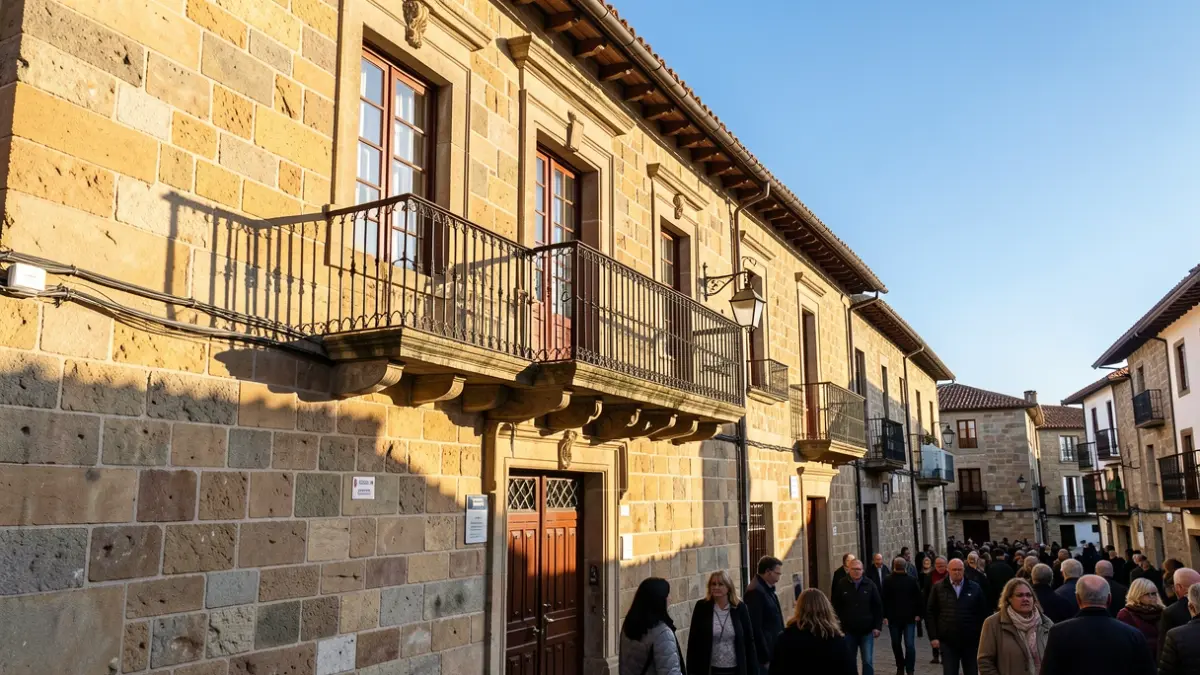 Imaxe xenérica dunha casa consistorial de pedra galega con balcón ornamentado e raís de ferro, baixo a luz do sol da tarde.