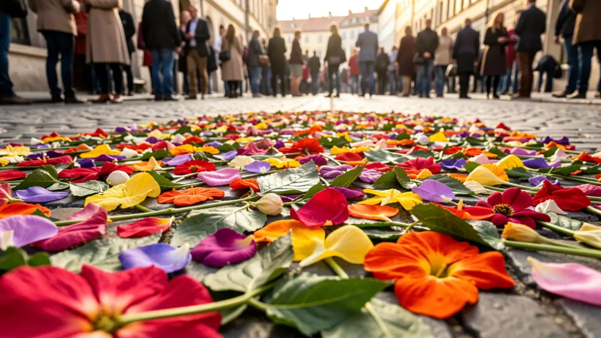 Primer plano de una alfombra de flores coloridas hecha con pétalos y hojas sobre una calle empedrada, con gente admirando la obra al fondo.