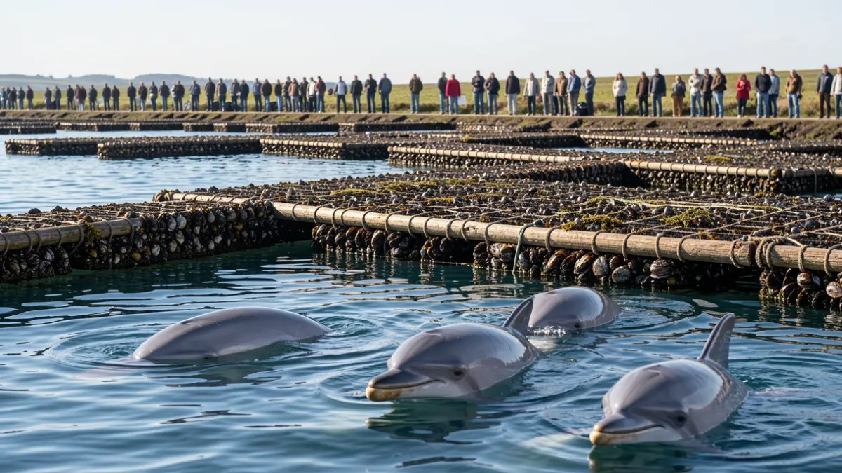 Imaxe de bateas de mexillón e arroaces nas Rías Baixas.
