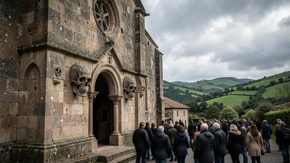 Imaxe dunha antiga igrexa de pedra con cinco caveiras talladas no pórtico, rodeada de outeiros verdes galegos e ceo nubrado.