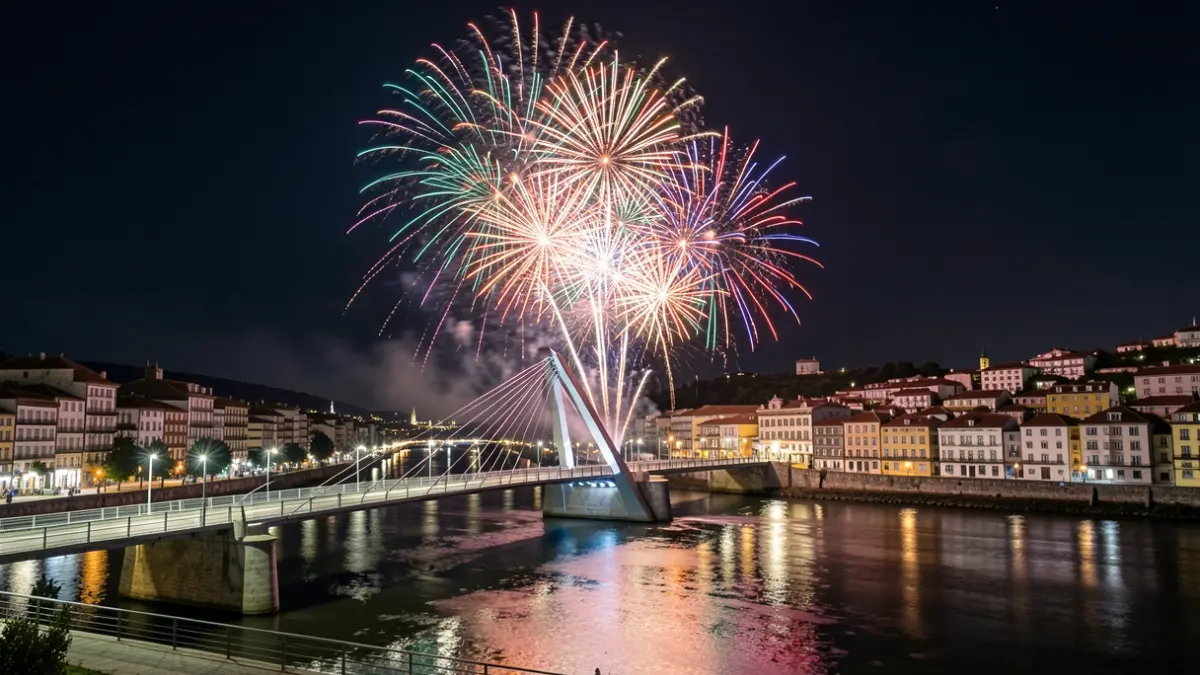 Fosforescencia de fogos artificiais sobre a Ponte do Milenio en Ourense.