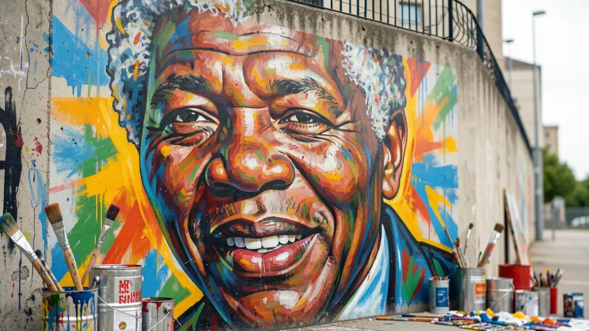 Imagen de un mural de Nelson Mandela pintado por artistas en prisión.