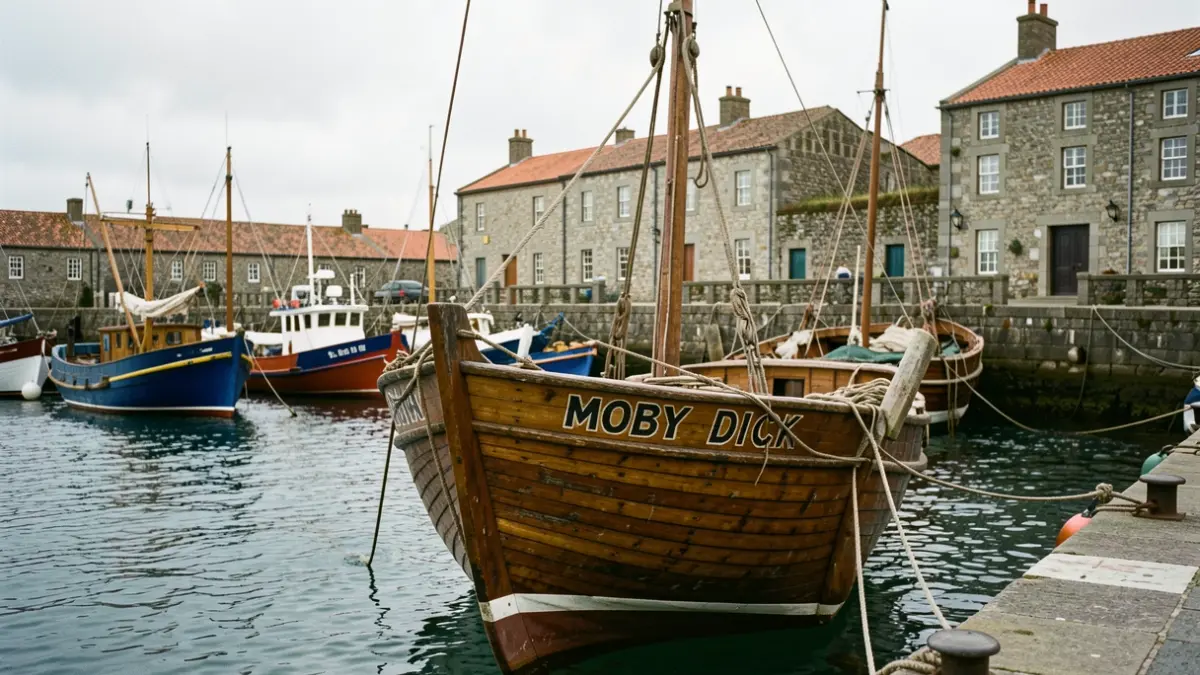 Imaxe dunha embarcación tradicional chamada Moby Dick atracada nun porto galego.