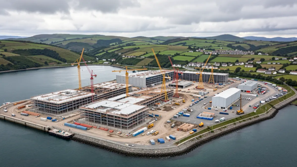 Vista aérea dun complexo industrial en construción preto dun porto en Galicia.