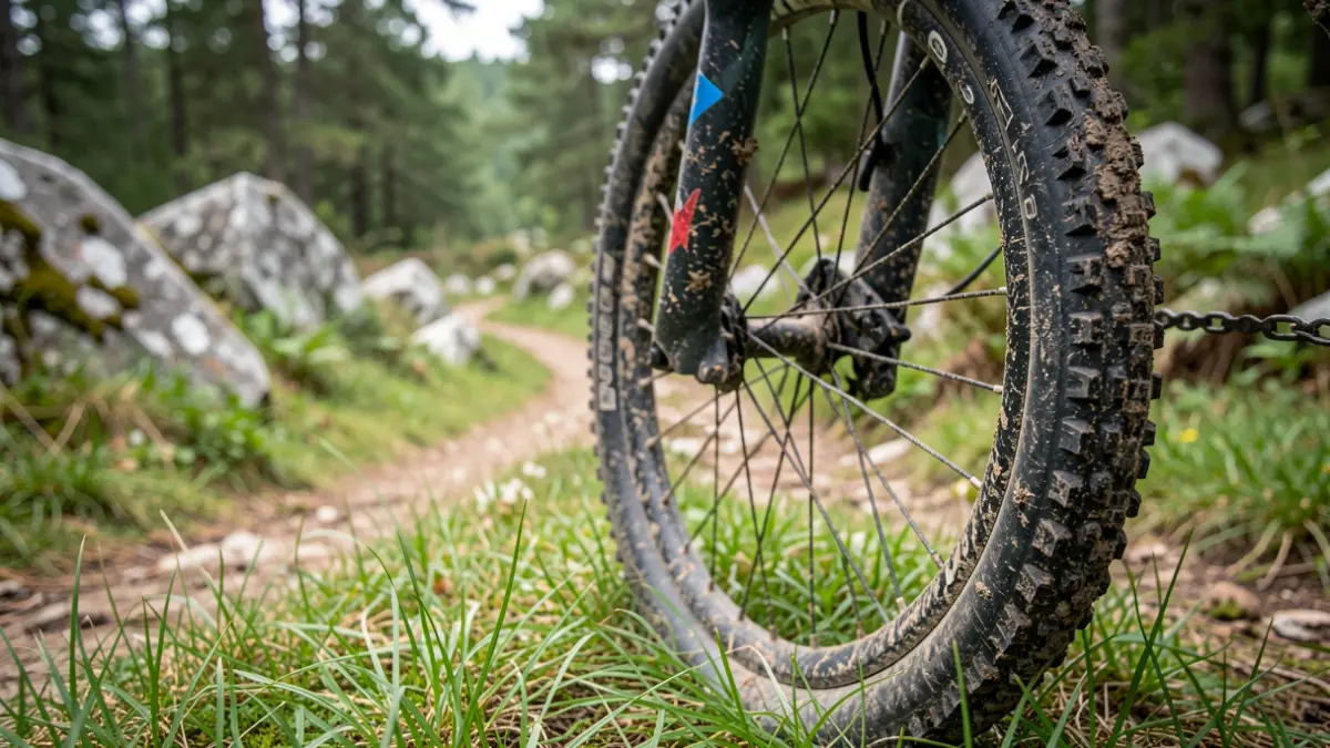 Imaxe xenérica dunha roda de bicicleta de montaña con barro, nun circuíto de terra en Galicia.