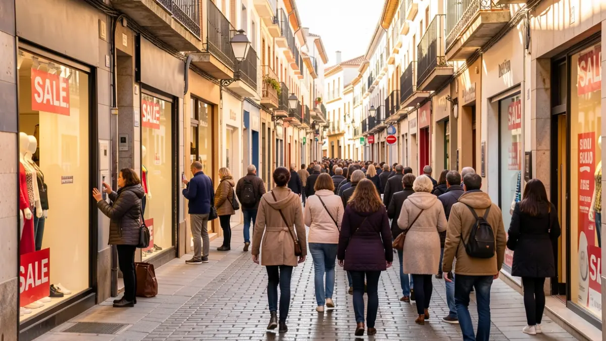 Imagen genérica de una calle comercial con gente y carteles de rebajas.