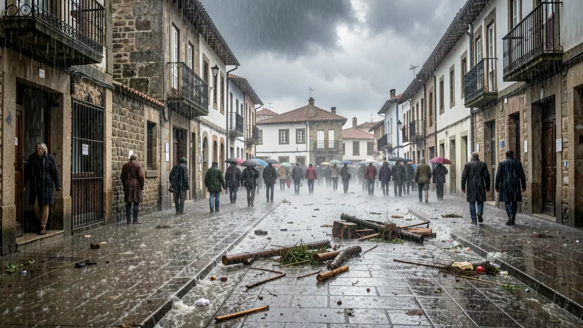 Imagen genérica de tormenta torrencial con desbordamiento de ríos y escombros en Ourense.