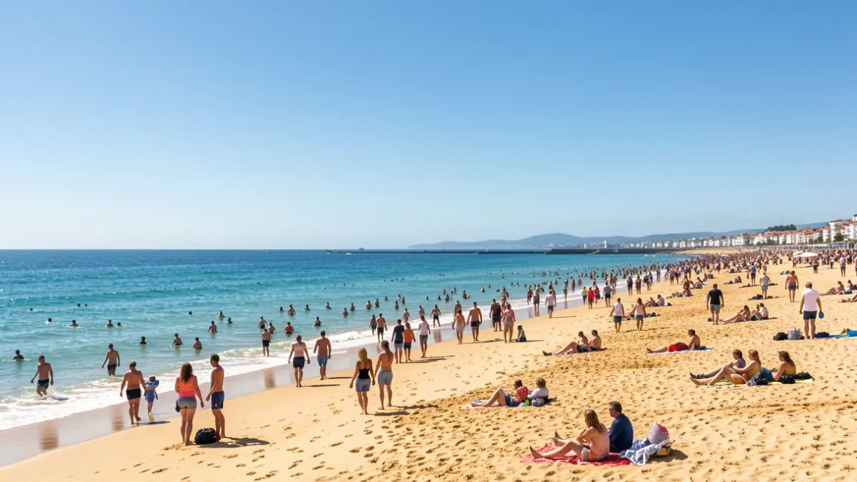 Imaxe xenérica dunha praia galega concorrida nun día de calor.