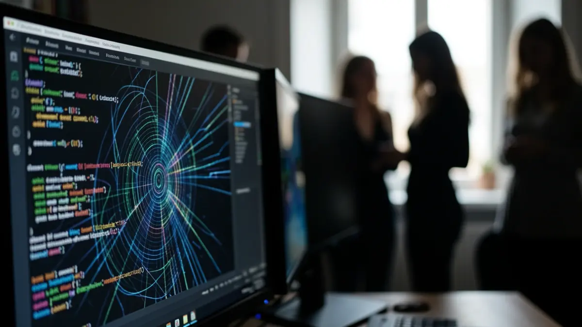 Imaxe xenérica dunha pantalla de ordenador con patróns de intelixencia artificial e siluetas femininas borrosas.