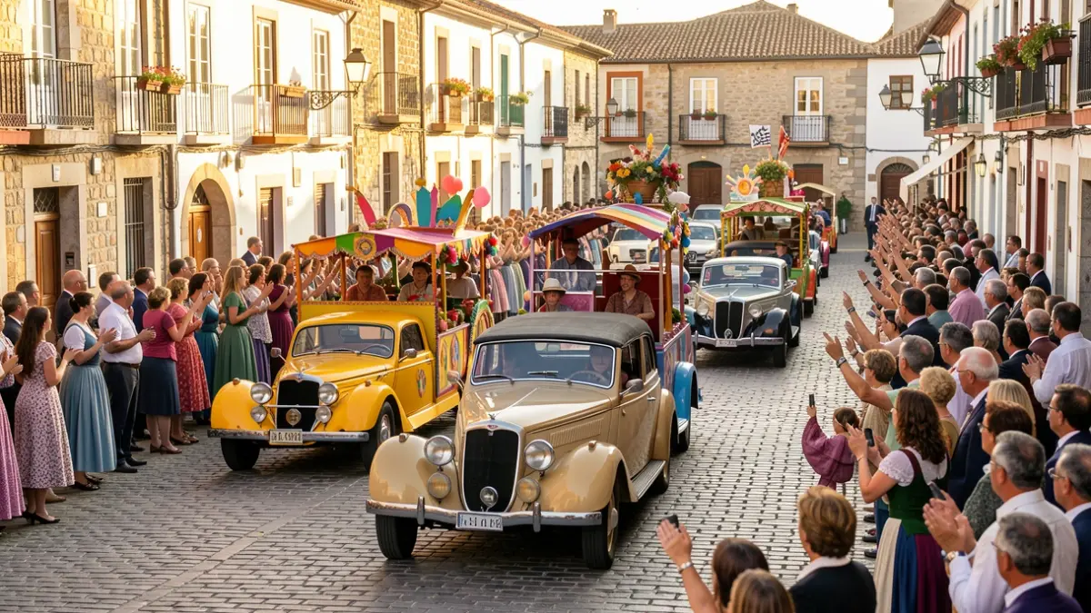 Imaxe xenérica dun desfile de carrozas e xente nunha praza galega.