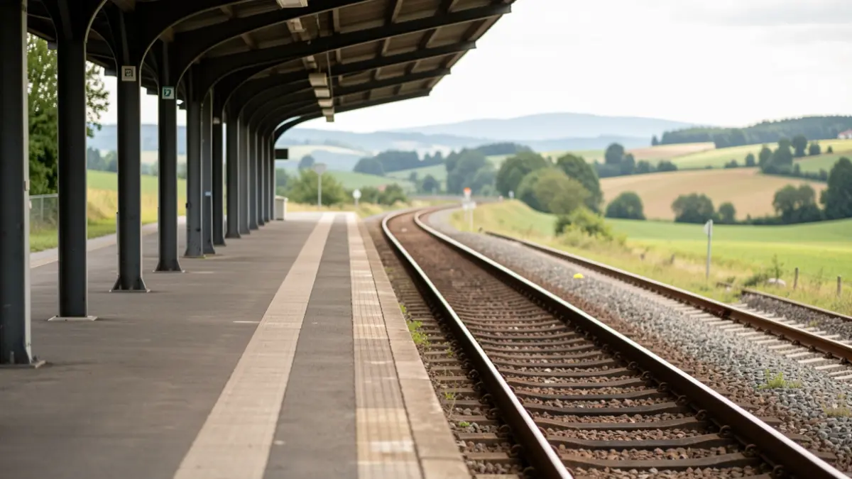 Imaxe xenérica dunha estación de tren baleira con vías que se perden á distancia.