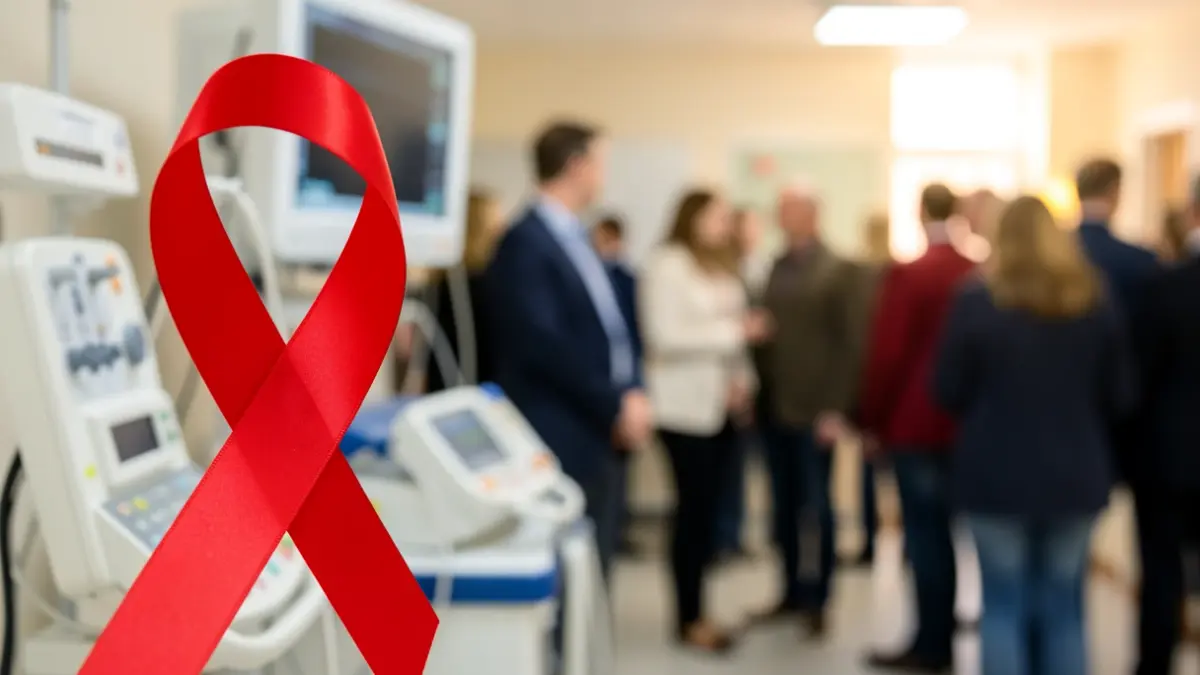Cinta de concienciación sobre o cancro de próstata nun ambiente médico.