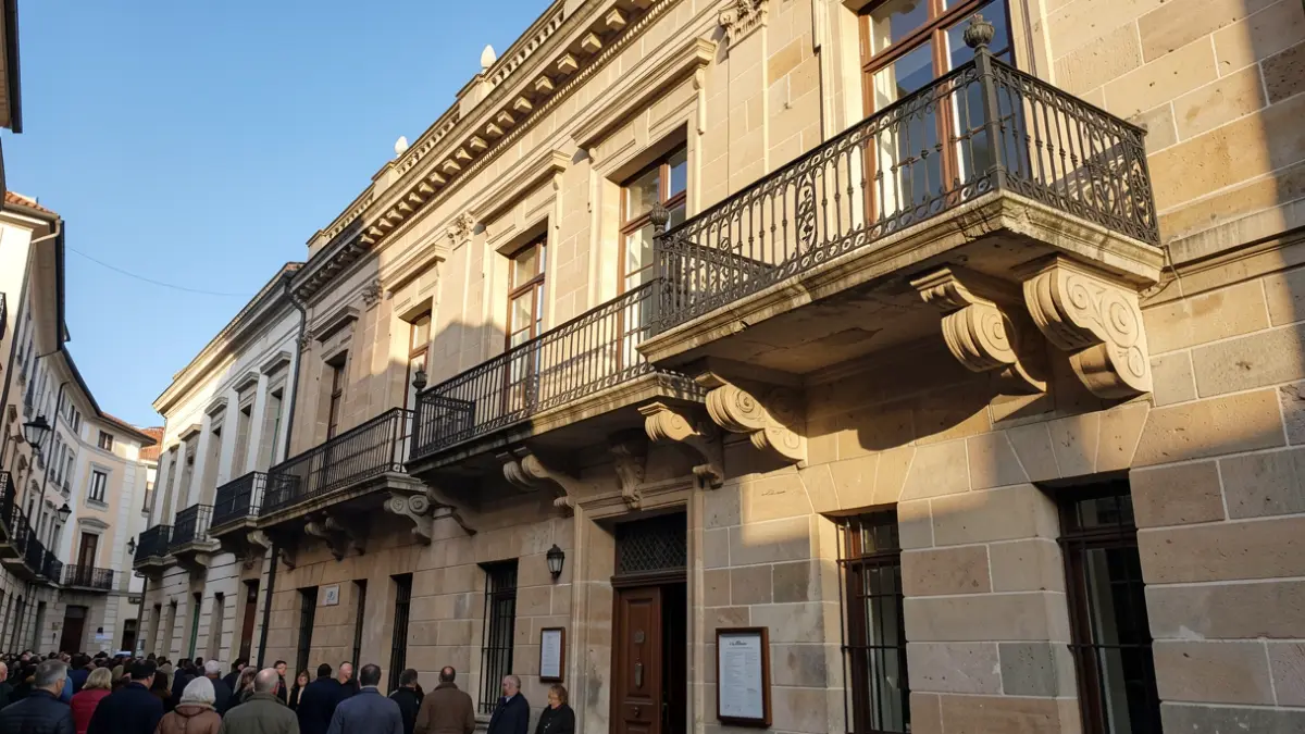 Fachada de pedra dun concello galego con balcón ornamentado e varandas de ferro, luz solar cálida da tarde proxectando sombras nas paredes de arenito, ceo azul.