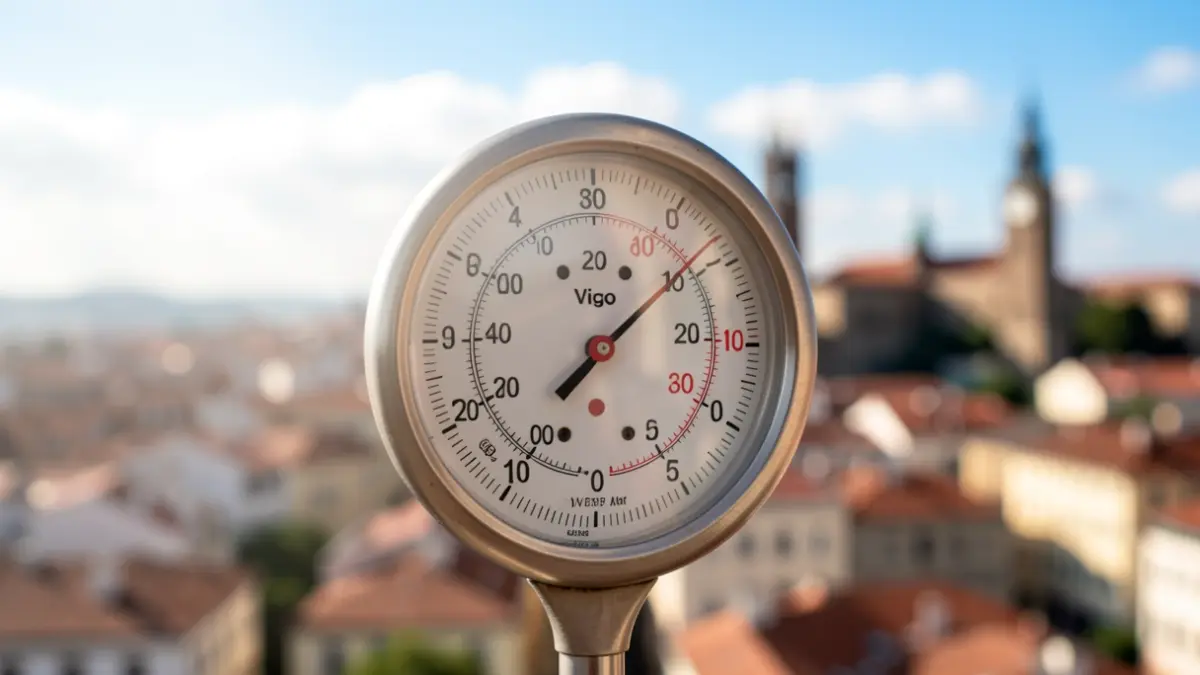Imagen genérica de un termómetro marcando una temperatura muy alta con un fondo desenfocado de la ciudad de Vigo.