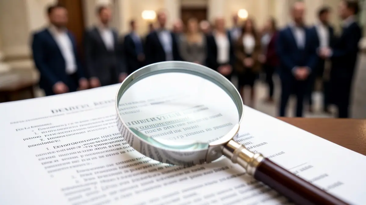 Primeira plana dun documento legal con lupa, simbolizando a revisión xurídica.