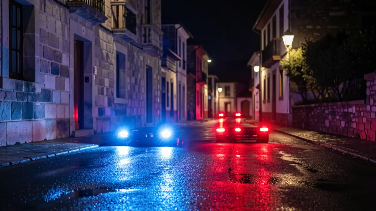 Imagen genérica de luces de emergencia azules y rojas reflejando en el asfalto mojado por la noche.