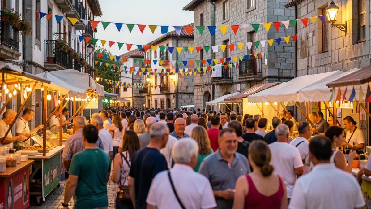 Imagen genérica de una fiesta popular gallega con gente, música y puestos de comida.