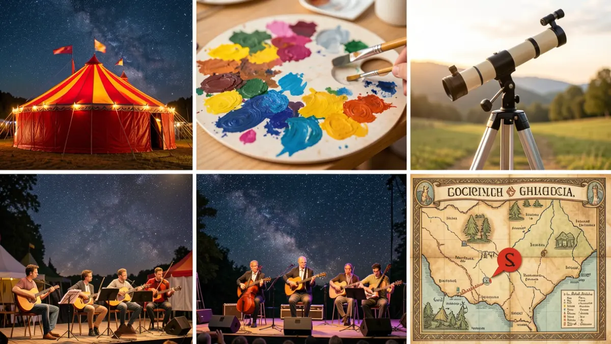 Imaxe xenérica de eventos locais en Galicia: circo, pintura, astronomía, música e unha busca.