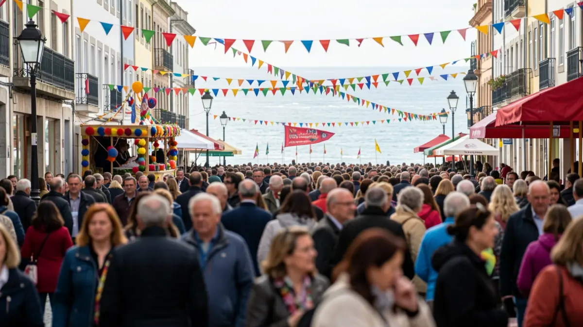 Imaxe xenérica dunha festa popular en Galicia con xente e decoracións.