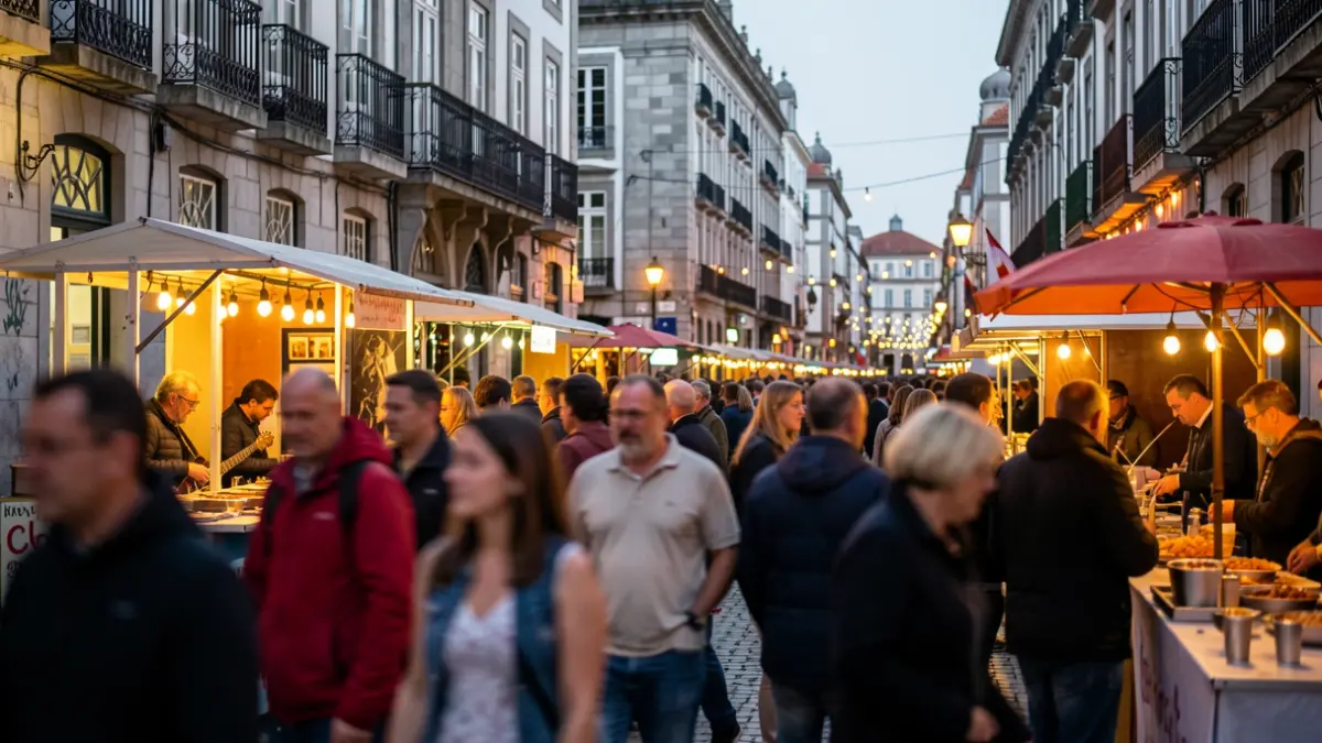 Imaxe dunha festa popular en A Coruña con xente, música e postos de comida baixo luces nocturnas.