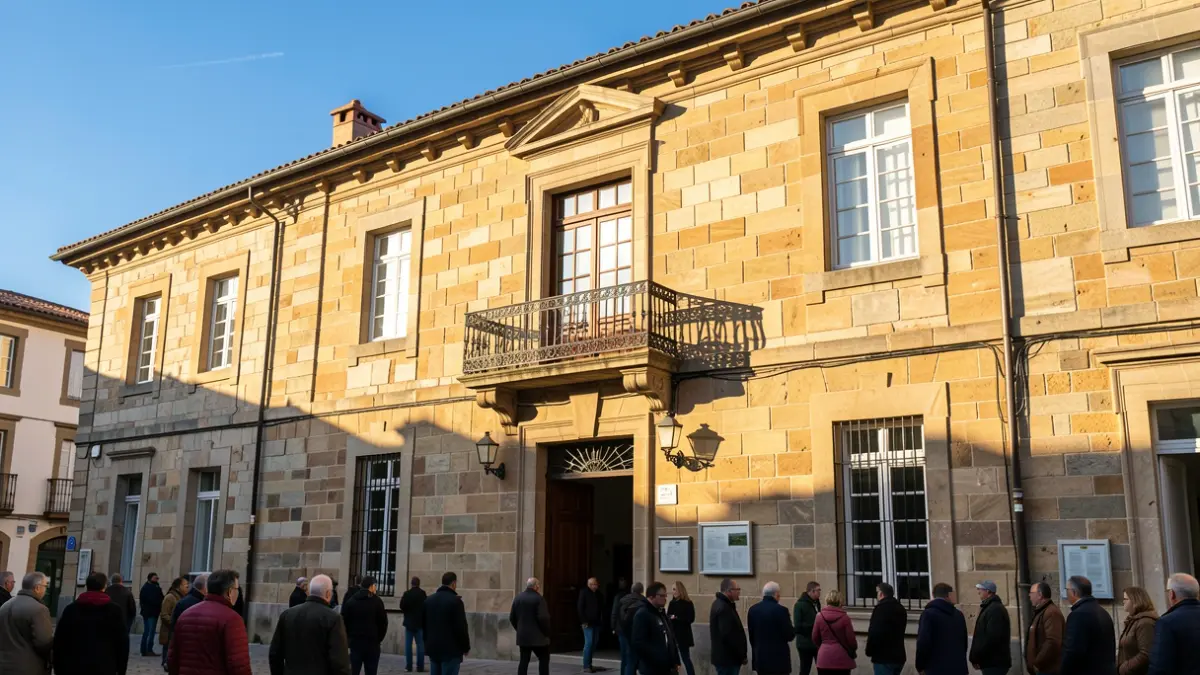 Imagen genérica de un ayuntamiento gallego de piedra con balcón de hierro, a la luz del sol de la tarde.
