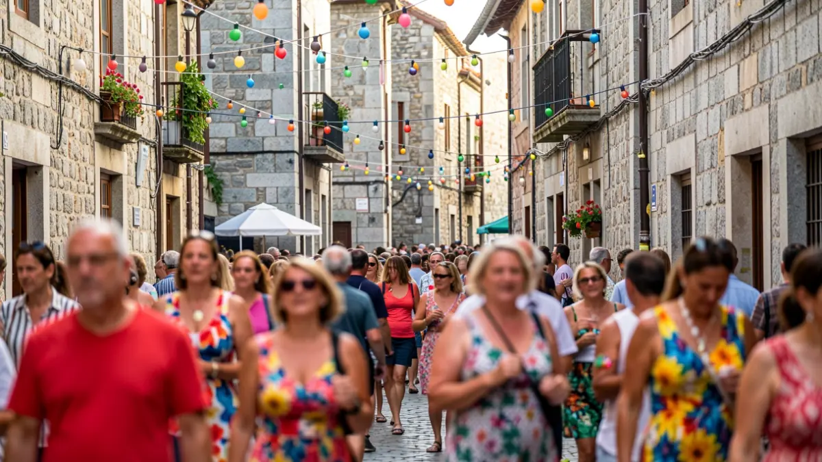 Imaxe xenérica dunha festa popular en Galicia con xente, luces e arquitectura tradicional.