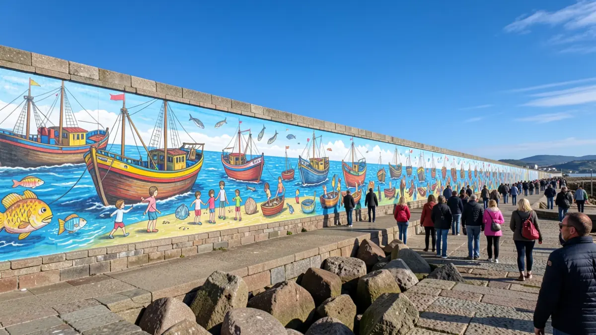 Imaxe dun mural de 343 metros no espigón de A Doca en Baiona, con motivos mariñeiros e infantís.