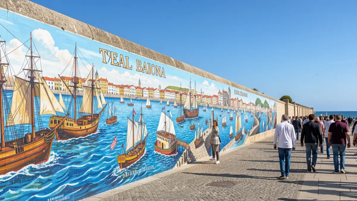 Imagen de un mural de gran tamaño que representa la historia marítima de Baiona.