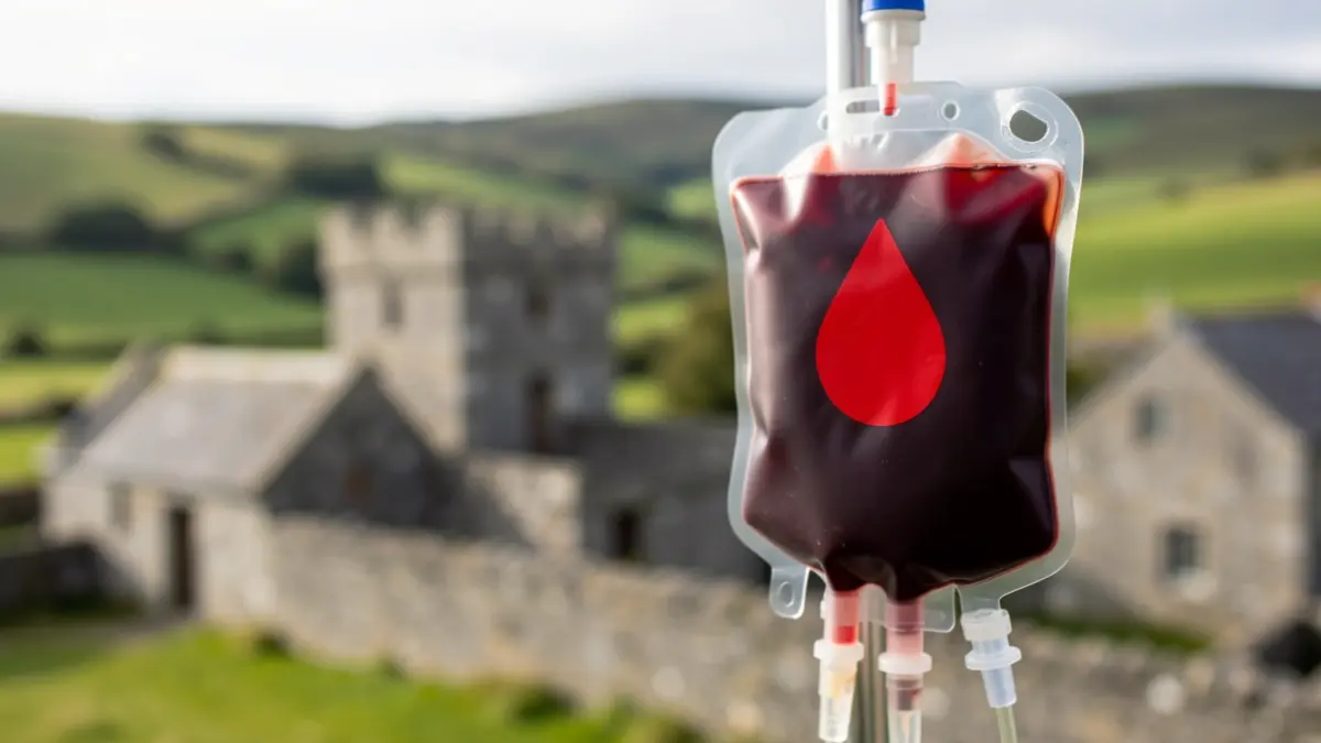 Imaxe xenérica dunha bolsa de sangue cun símbolo de gota vermella, con fondo desfocado dunha paisaxe galega.