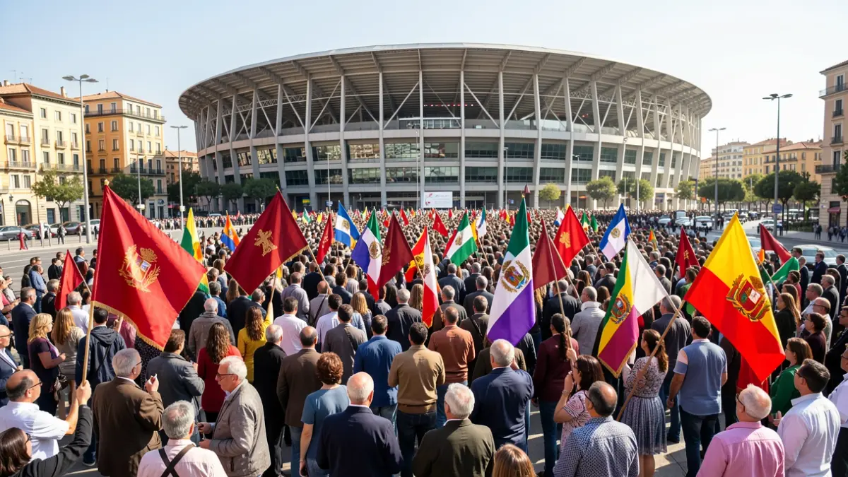 Imaxe xenérica de multitude con bandeiras do Vaticano e de Latinoamérica fóra dun estadio.
