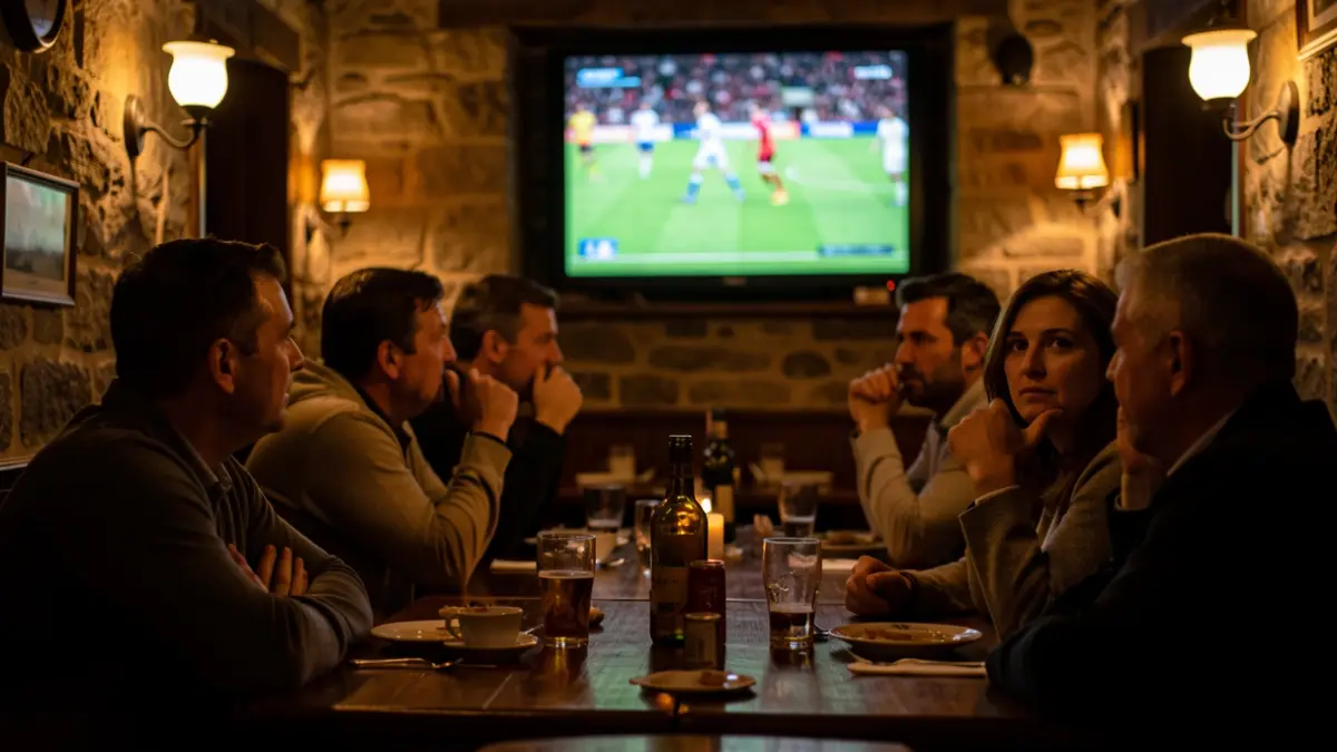 Imaxe xenérica dun pub galego pola noite, coa televisión acesa e clientes observando.