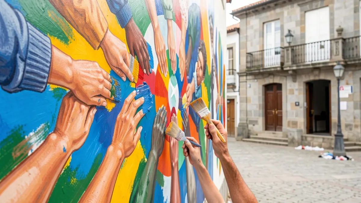 Imagen de un mural colaborativo contra la violencia de género, con manos de distintas edades pintando juntas.