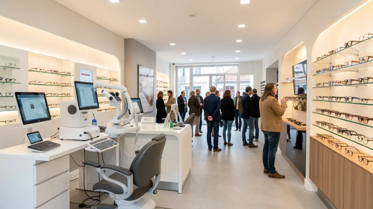 Interior de una óptica moderna en Galicia con equipo avanzado y lentes de calidad.