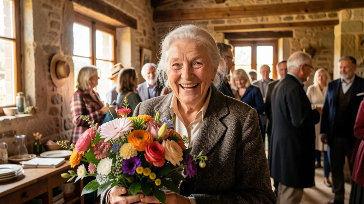 Imaxe dunha muller maior sorrinte cun ramo de flores nunha casa rural galega.