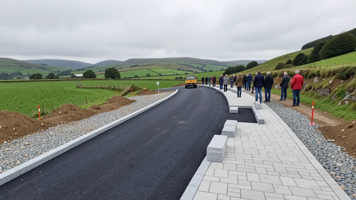 Imagen genérica de obras en la carretera en Galicia con nueva acera y paisaje verde.