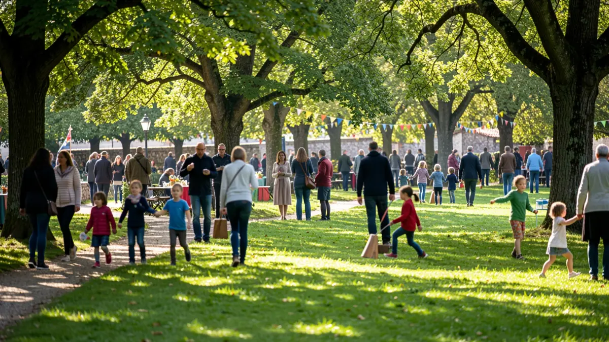 Imaxe dunha xornada festiva ao aire libre con familias nunha carballeira.