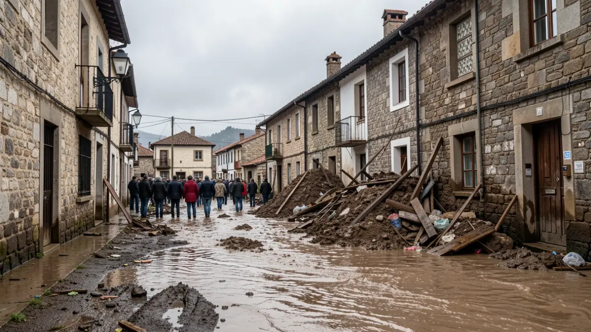 Imagen genérica de calles inundadas con escombros y barro acumulados contra edificios de piedra bajo un cielo gris.
