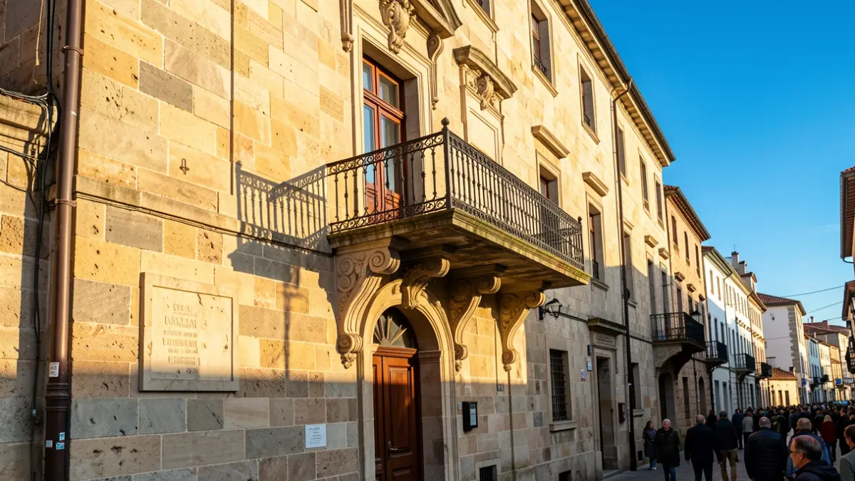 Imaxe xenérica dun concello galego de pedra con balcón ornamentado.