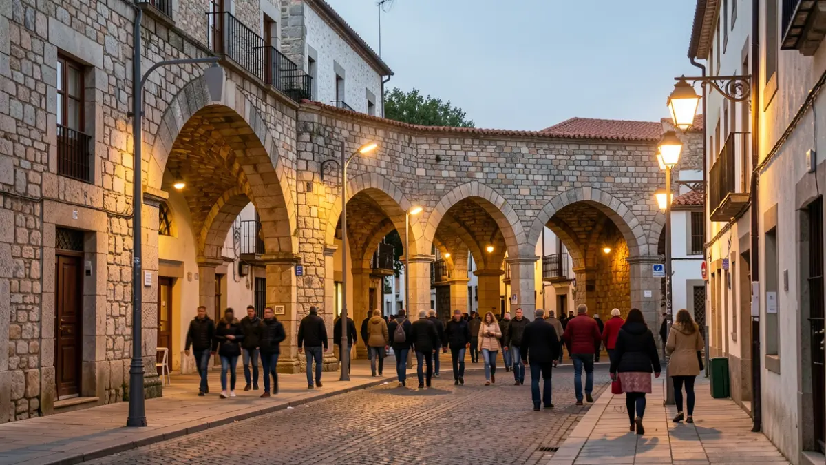 Imagen genérica de arcos de piedra con nueva iluminación LED en una calle de Betanzos.
