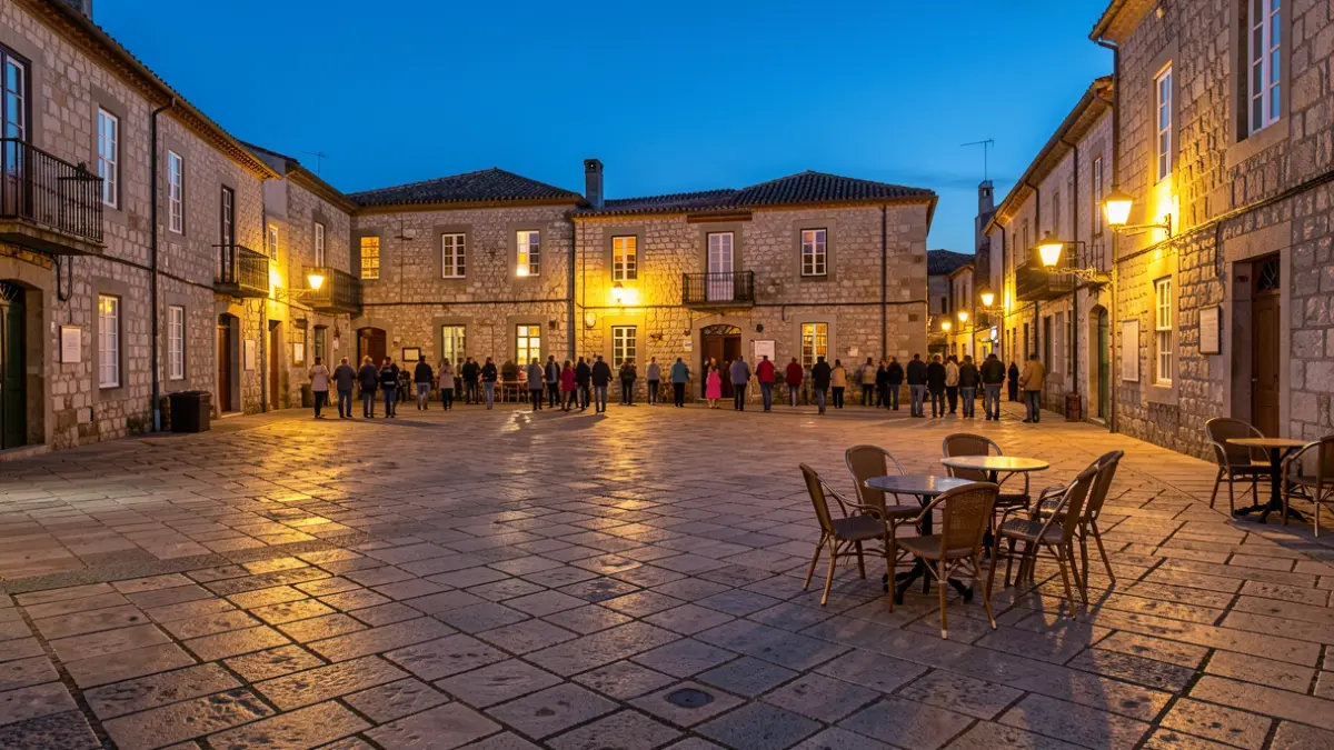 Imagen genérica de una plaza de piedra en Betanzos al anochecer, con farolas y sillas esparcidas.