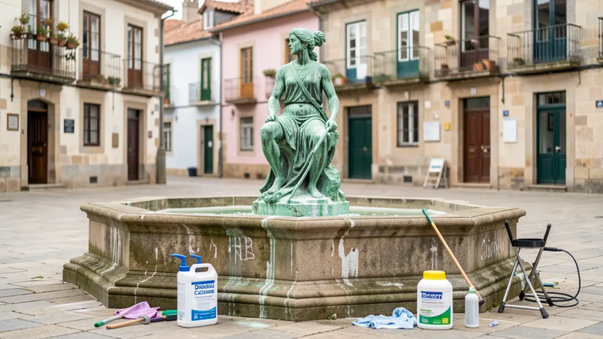 Imaxe da fonte Diana Cazadora en Betanzos durante as obras de restauración.