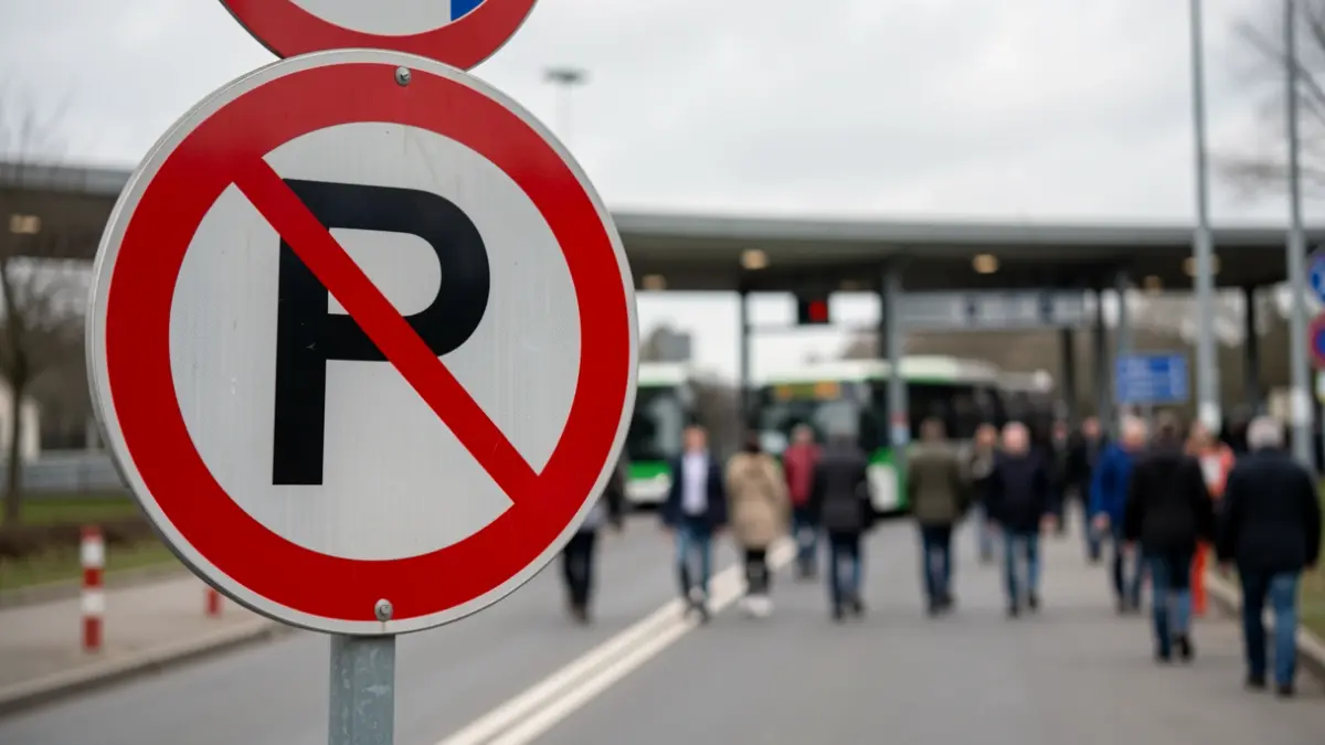 Imaxe xenérica dunha estrada con sinalización de prohibición de estacionamento temporal.
