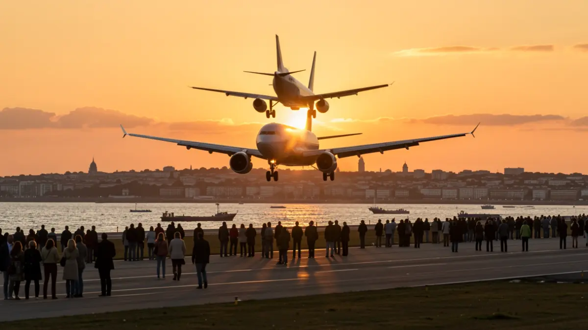 Imaxe xenérica dun avión despegando ao solpor cunha cidade costeira ao fondo.