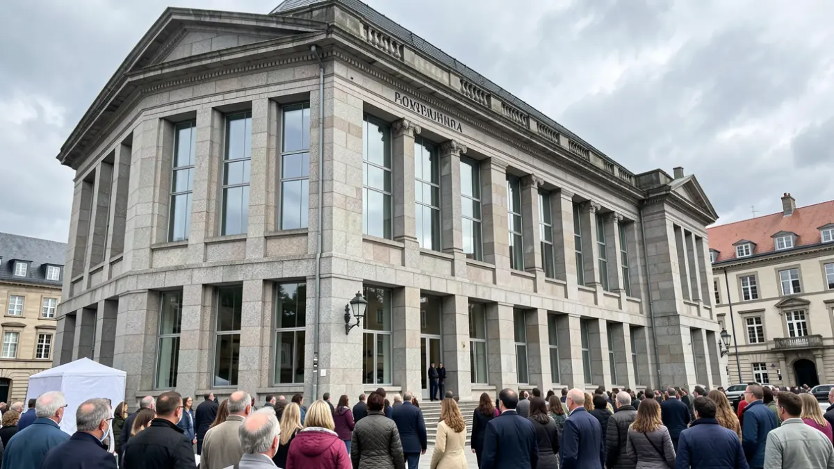 Fachada do Parlamento de Galicia con traballos de granito e grandes ventás, baixo un ceo nubrado.