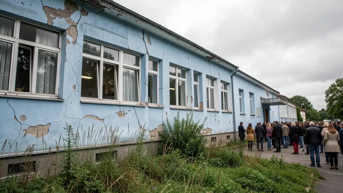 Imaxe dun edificio escolar deteriorado con gretas e humidades.