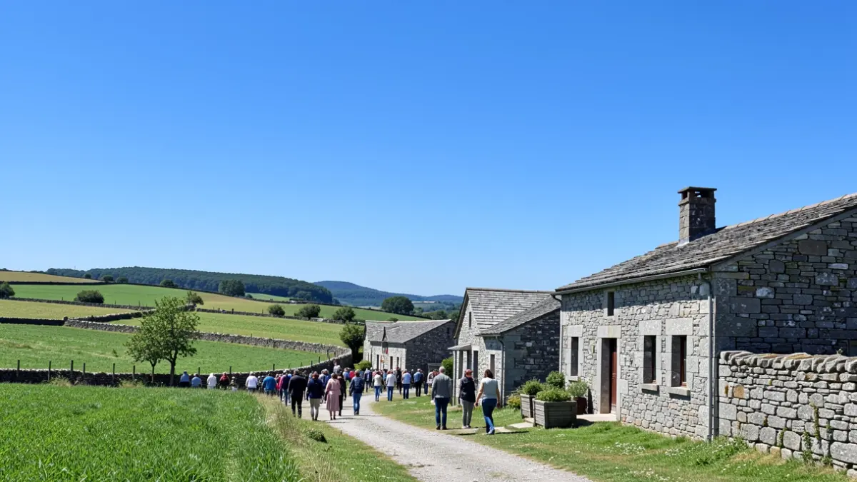 Imaxe xenérica dun ceo despexado sobre unha paisaxe rural galega con casas de pedra e campos verdes.